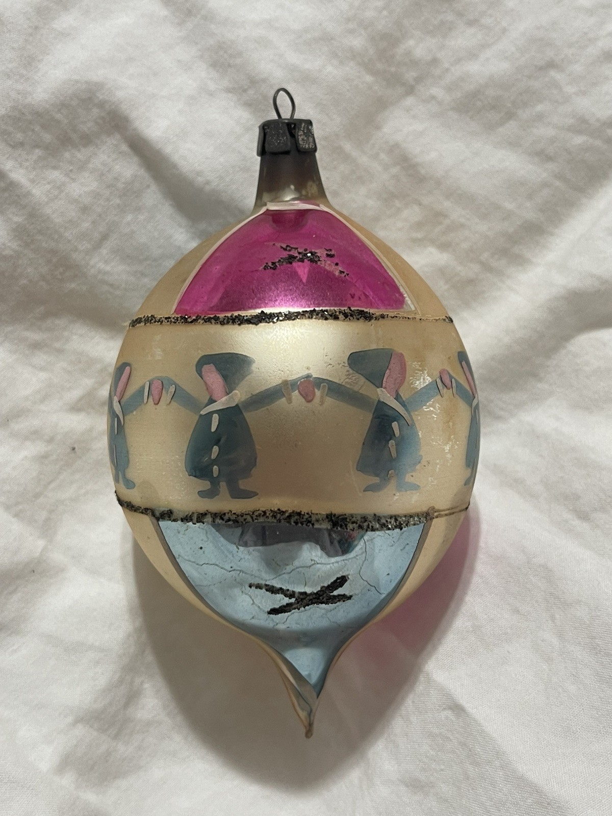 Vintage Mercury Glass Christmas Golden Ornament Tear Drop Dancing Santa Poland
