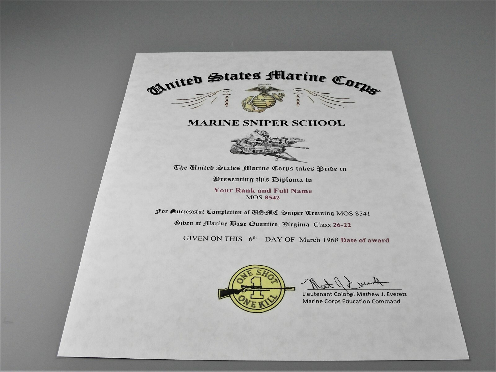 US Marine Corps SNIPER Course School Diploma Replacement Certificate US Marine Corps SNIPER Course School Diploma Replacement Certificate