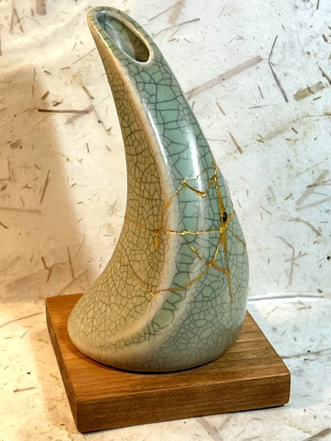 Kintsugi Japanese style technique, Ikebana, celadon crackle vase ,sea glass,VG Kintsugi Japanese style technique, Ikebana, celadon crackle vase ,sea glass,VG