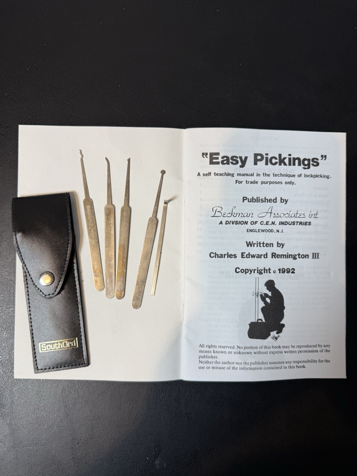 Vintage SouthOrd Lock Pick Set with Leather Case & Easy Pickings Manual 1992 Vintage SouthOrd Lock Pick Set with Leather Case & Easy Pickings Manual 1992