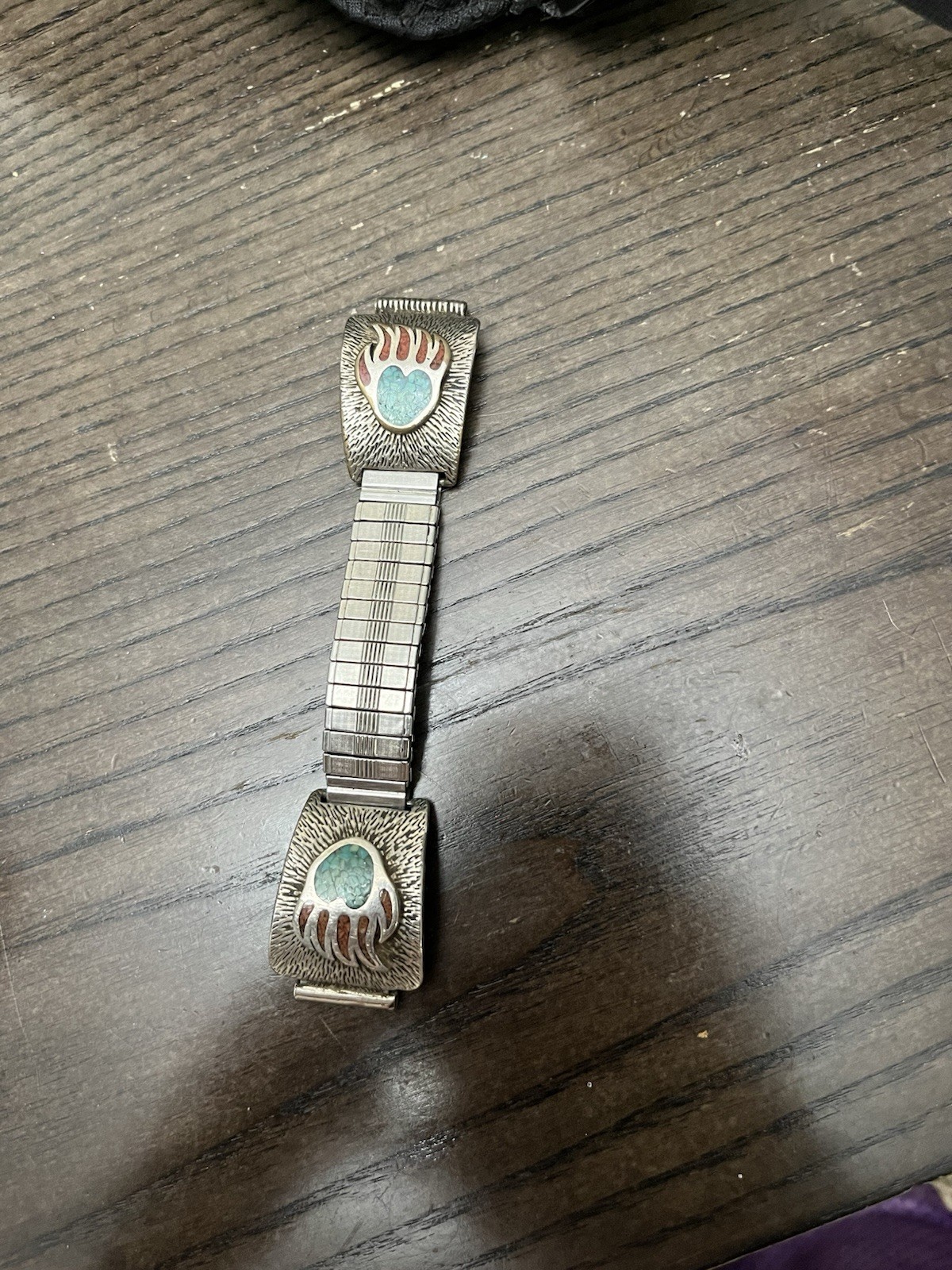 Vintage Native American Style Bear Paw Watch Band turquoise coral chip inlay Vintage Native American Style Bear Paw Watch Band turquoise coral chip inlay