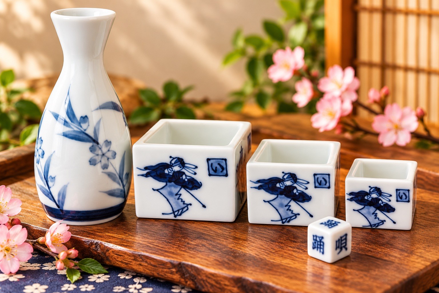 VTG Japanese Sake Drinking Game - Dice, 3 Porcelain Cups & Sake Bottle Ceramic VTG Japanese Sake Drinking Game - Dice, 3 Porcelain Cups & Sake Bottle Ceramic