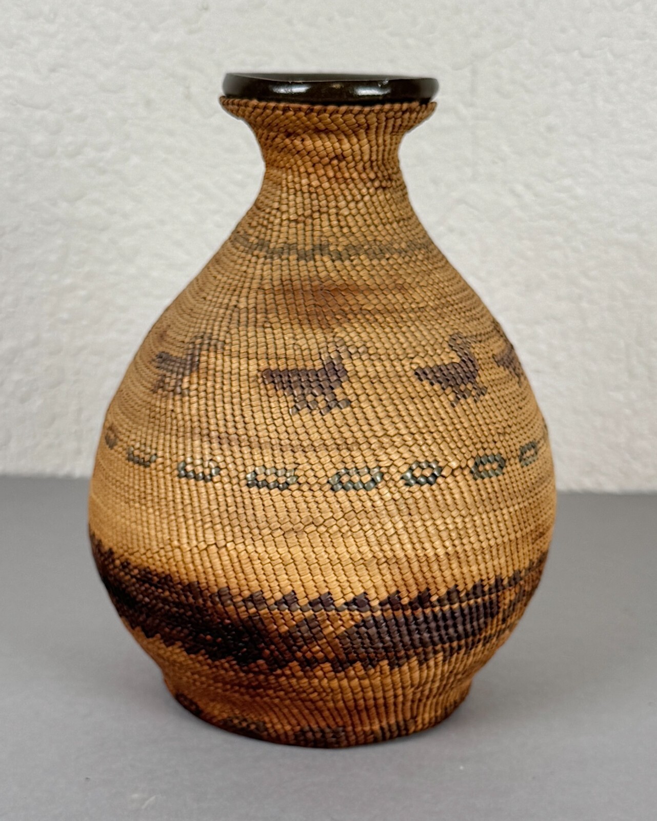 Antique Nootka Native American Basket on Chinese Stoneware Brandy Bottle 19th C. Antique Nootka Native American Basket on Chinese Stoneware Brandy Bottle 19th C.
