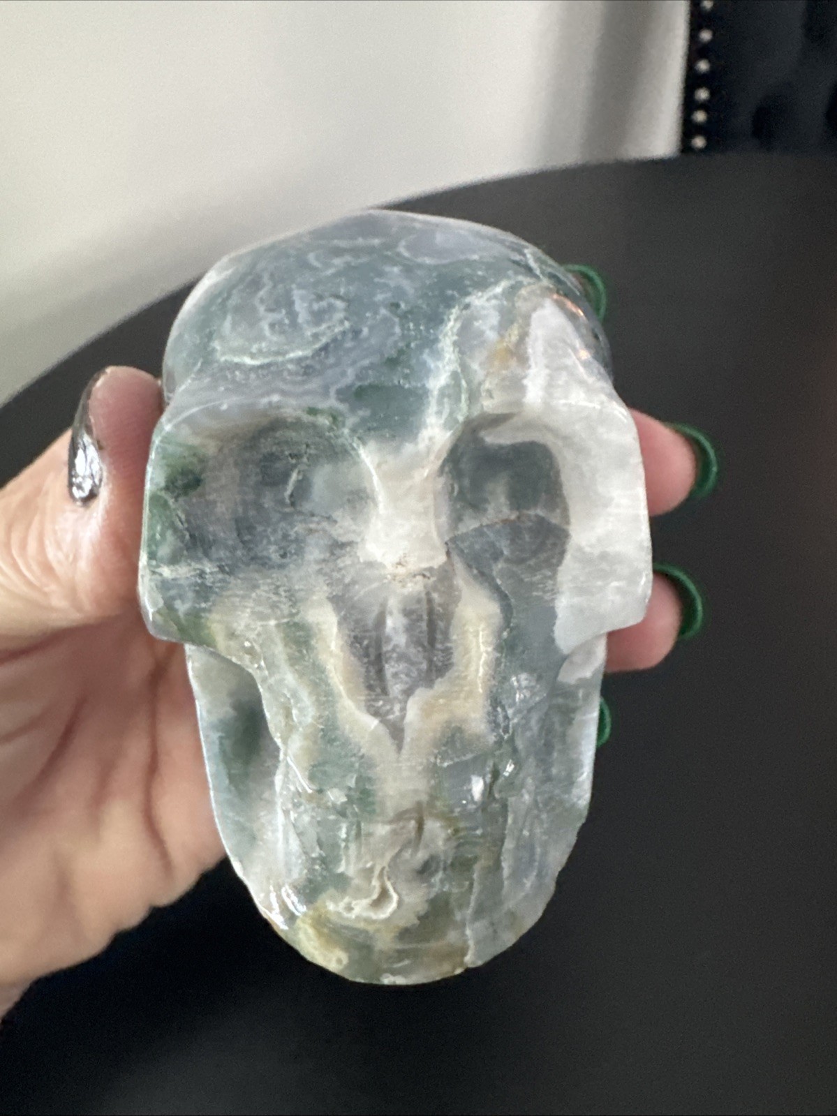 Blue Moss Agate Crystal Skull Carving 331 Grams 3.5”