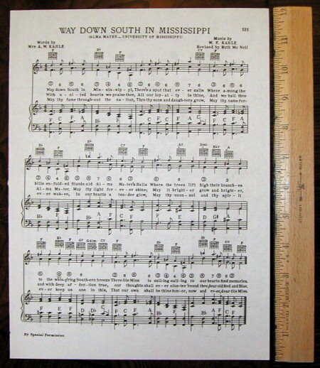 UNIVERSITY OF MISSISSIPPI OLE MISS Original Vintage Song c1938 "Way Down South" UNIVERSITY OF MISSISSIPPI OLE MISS Original Vintage Song c1938 "Way Down South"