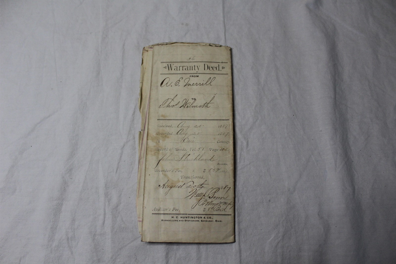 1887 Warranty Deed Erie, OH Antique 1887 Warranty Deed Erie, OH Antique