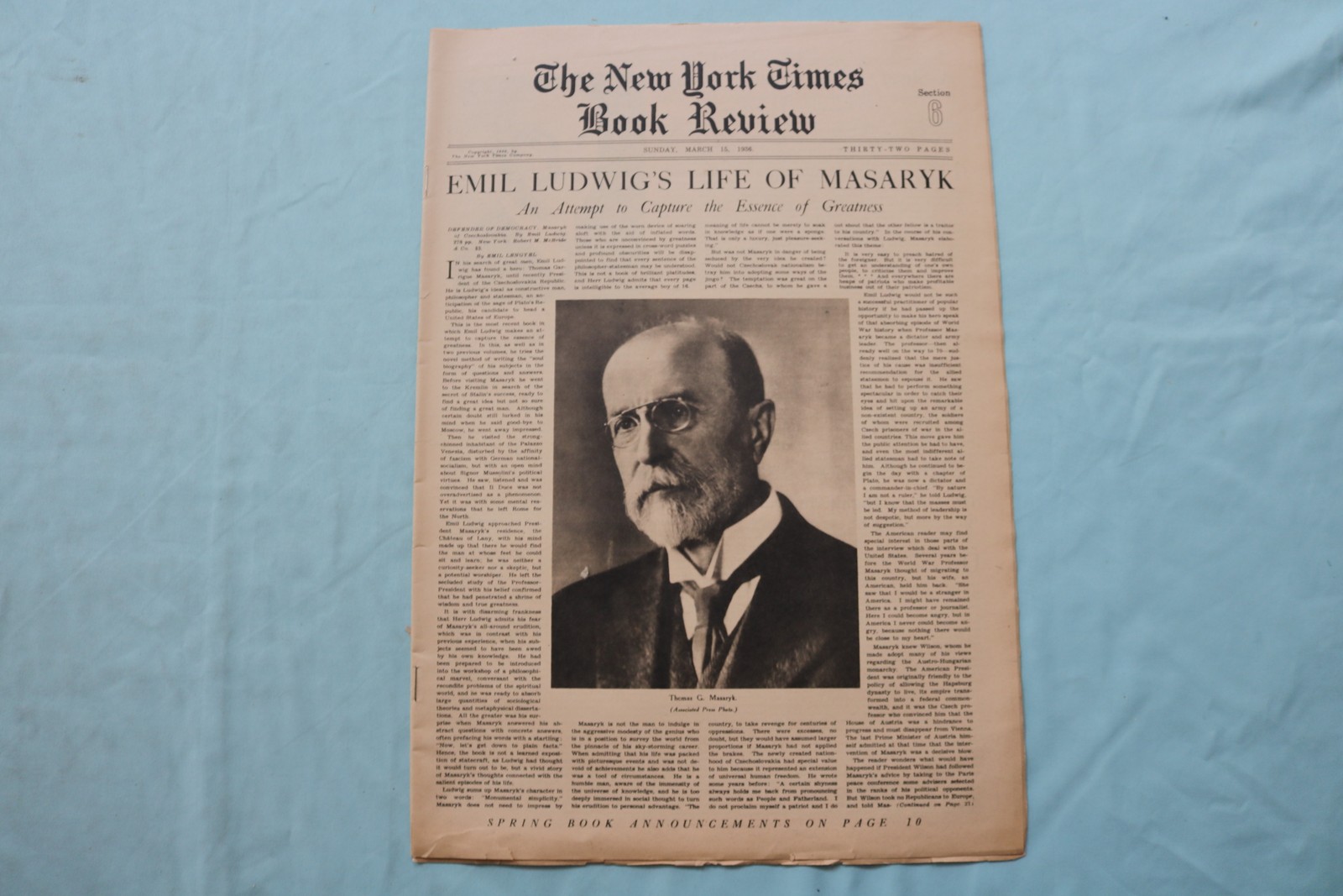 1936 MARCH 15 NEW YORK TIMES BOOK REVIEW SECTION - THOMAS G. MASARYK - NP 9169 1936 MARCH 15 NEW YORK TIMES BOOK REVIEW SECTION - THOMAS G. MASARYK - NP 9169