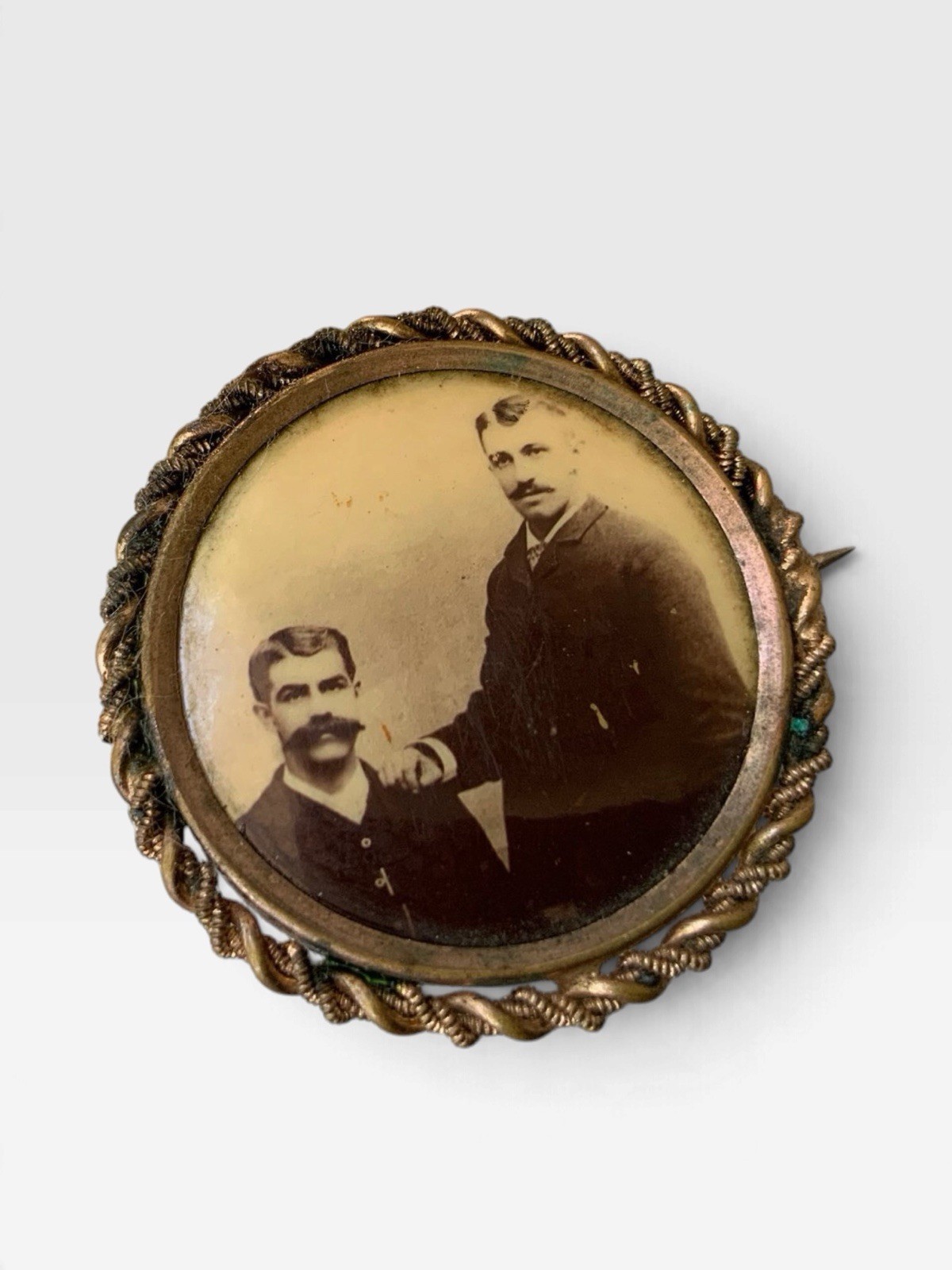 VICTORIAN GOLD FILLED PORTRAIT PHOTO PIN Men With MUSTACHEs