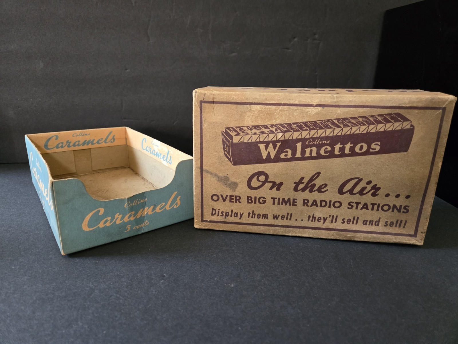 Vintage Walnettos Candy Display Box 1930s Peter Paul Collins Caramels 5c Sign Vintage Walnettos Candy Display Box 1930s Peter Paul Collins Caramels 5c Sign