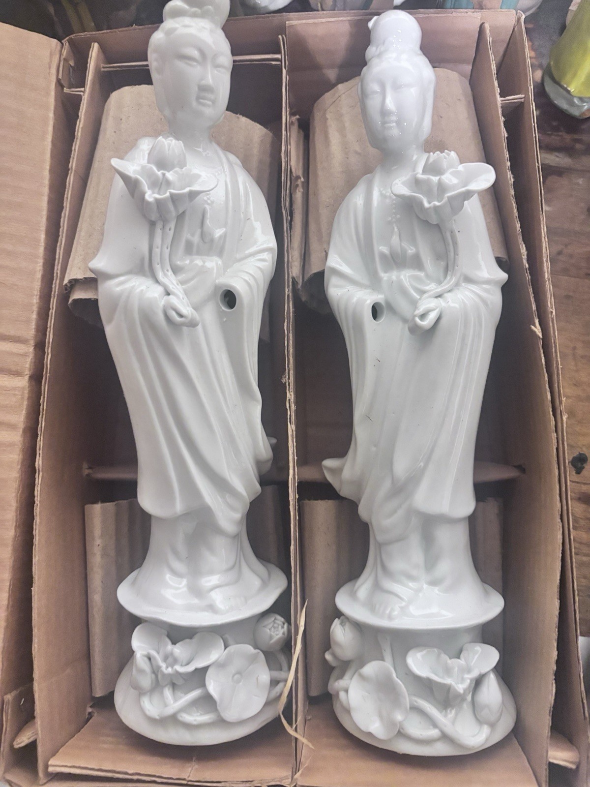 Matching Pair of Chinese Blanc De Chine Guanyin Goddess Figures w/Lotus Flowers Matching Pair of Chinese Blanc De Chine Guanyin Goddess Figures w/Lotus Flowers