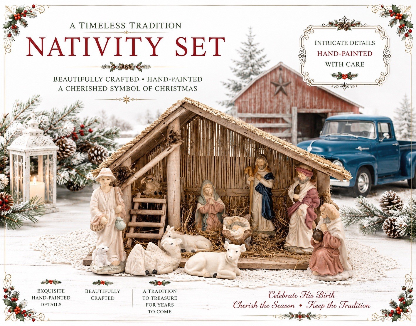 Vintage (11) Piece Nativity Set W/ Hay Covered Wooden Stable & Porcelain Figures Vintage (11) Piece Nativity Set W/ Hay Covered Wooden Stable & Porcelain Figures