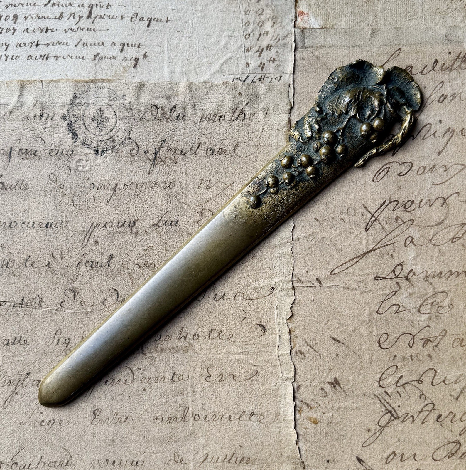 Antique French Art Nouveau Bronze Letter Opener Currant Motif by Sasportas, 1900 Antique French Art Nouveau Bronze Letter Opener Currant Motif by Sasportas, 1900