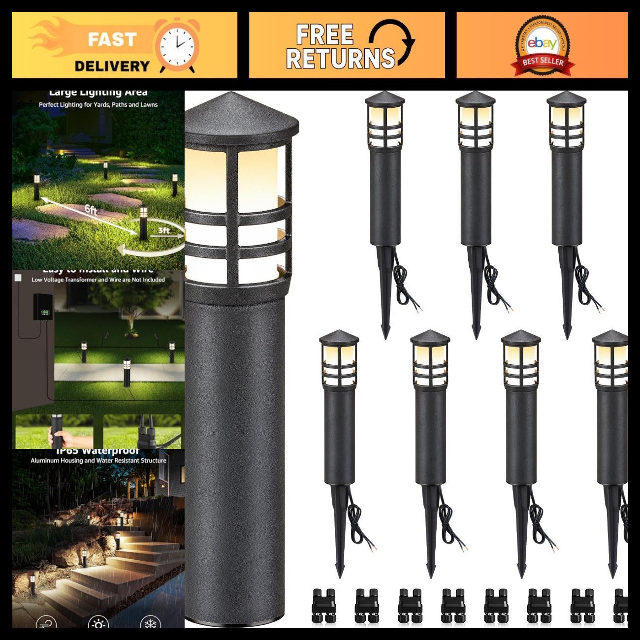 SUNVIE 8-Pack 3W LED Low Voltage Bollard Landscape Pathway Lights, Black SUNVIE 8-Pack 3W LED Low Voltage Bollard Landscape Pathway Lights, Black