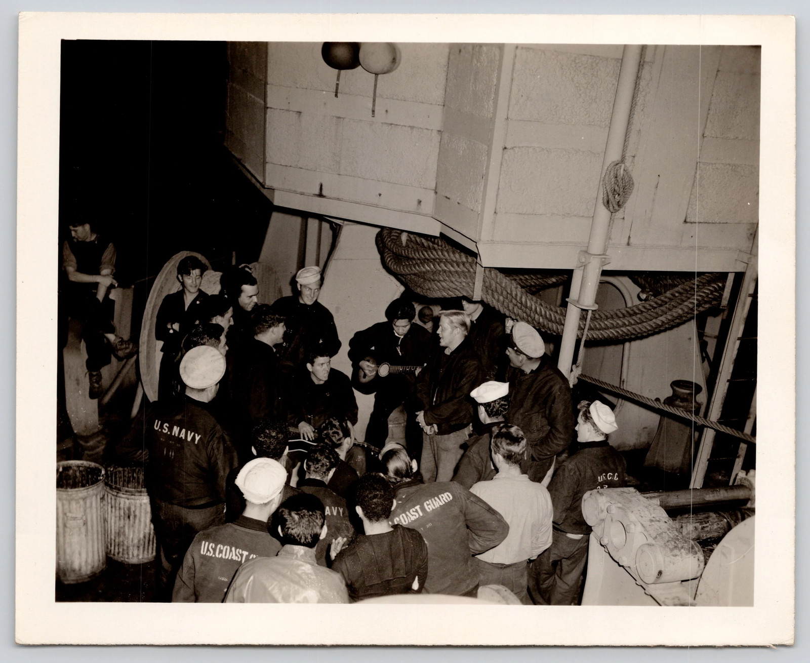 Navy & Coast Guard Sailors With Ukulele Player WWII Photo Navy & Coast Guard Sailors With Ukulele Player WWII Photo