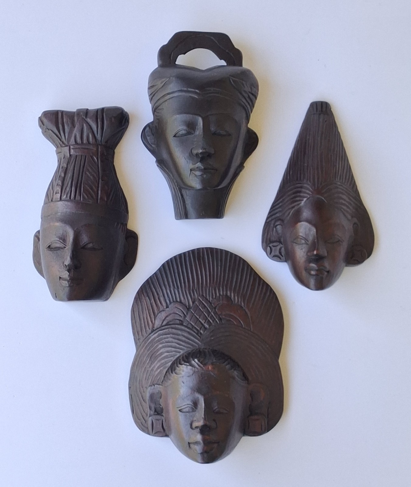 Vtg Mid Century Balinese Carved Wood Face Plaques - Set of 4 Indonesian Wall Art