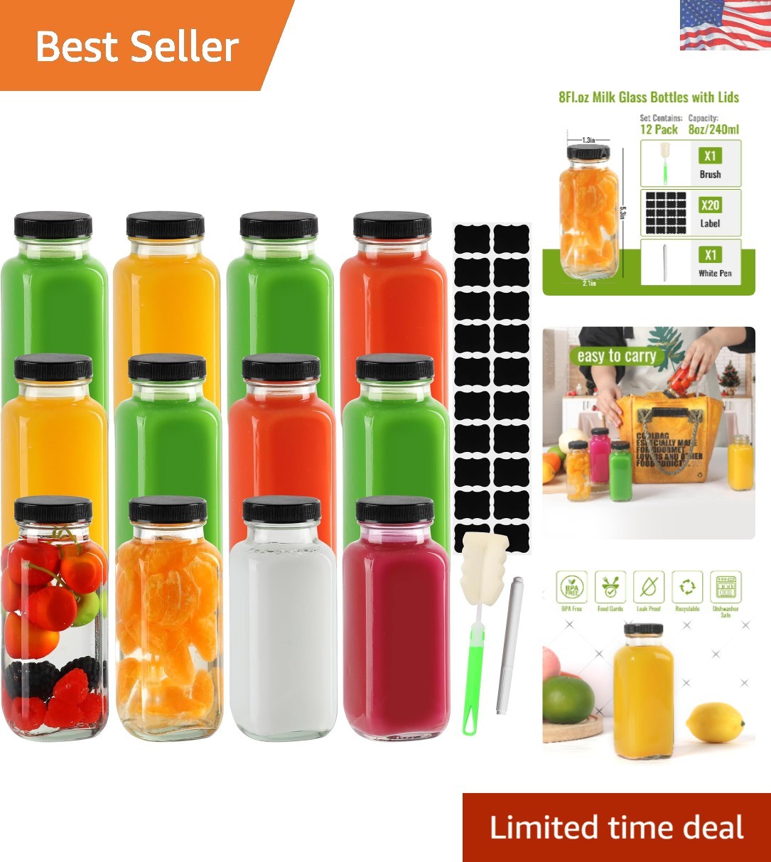 Versatile 8 oz Glass Bottles for Juices & Smoothies - 12 Pack, Dishwasher Safe Versatile 8 oz Glass Bottles for Juices & Smoothies - 12 Pack, Dishwasher Safe