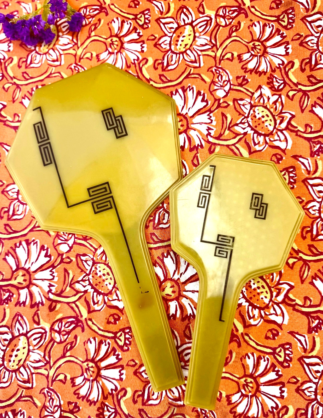 Vintage 1930s Laverne Amer-Lite Art Deco Hand Mirror & Brush Set • Celluloid
