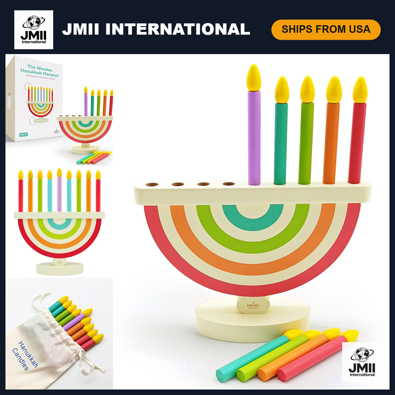 Wooden Hanukkah Menorah for Kids - Colorful 9 Candle Set with Storage Bag, Educa Wooden Hanukkah Menorah for Kids - Colorful 9 Candle Set with Storage Bag, Educa