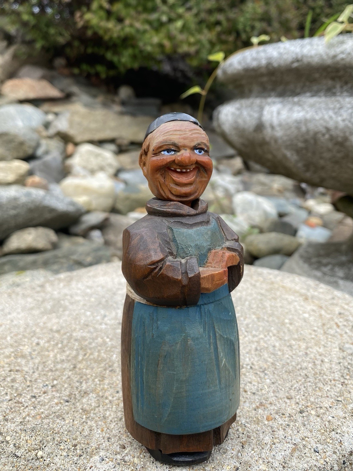 Antique Anri Hand Carved Painted Wood Full Figure Monk Corkscrew Bottle Opener