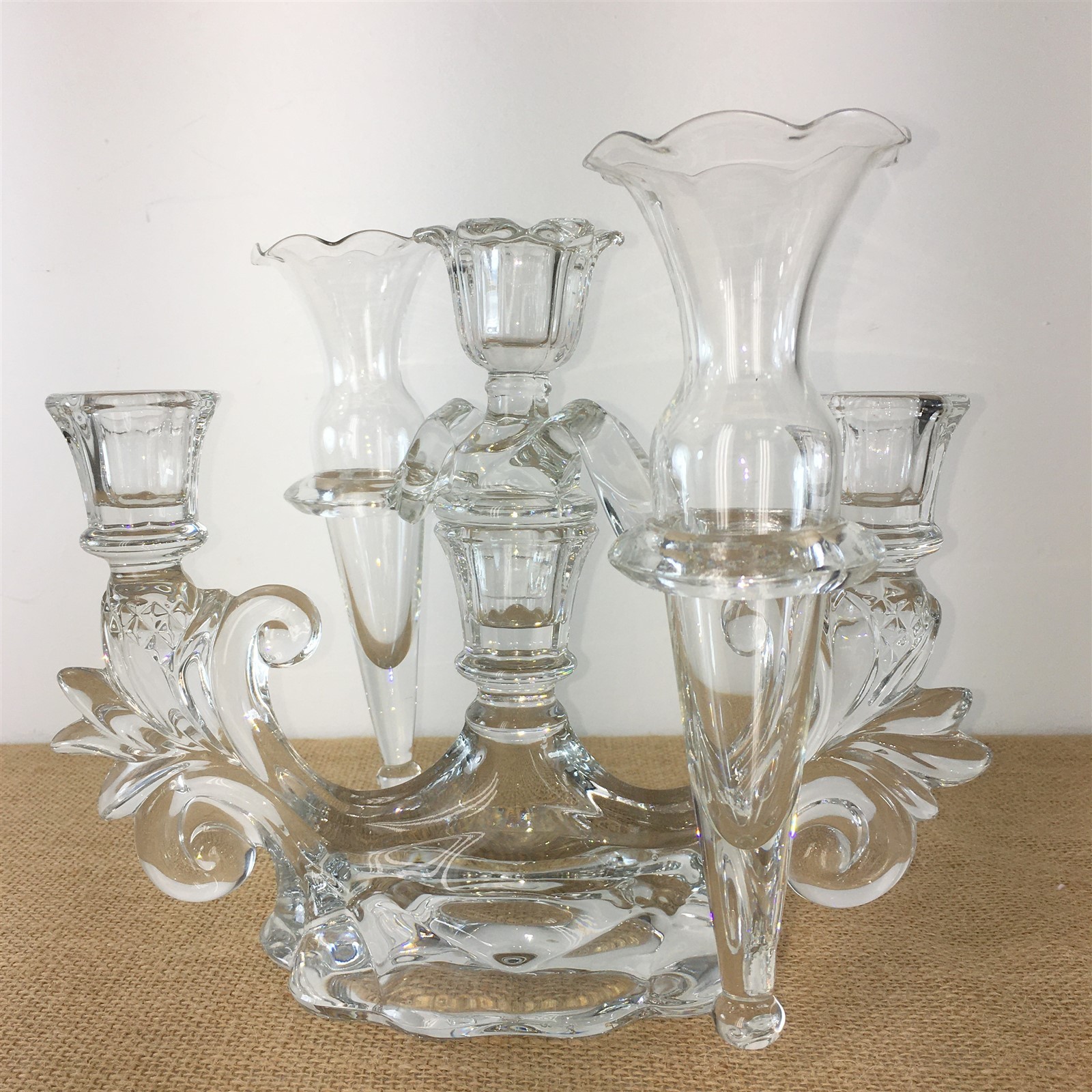 Vintage Glass Candelabra Glass Epergne Bud Vase Candle Holder10.5 X 6.25" Vintage Glass Candelabra Glass Epergne Bud Vase Candle Holder10.5 X 6.25"