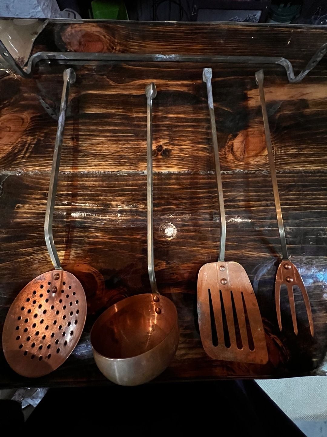 Vintage Copper And Brass Kitchen Utensil Set With Rack Vintage Copper And Brass Kitchen Utensil Set With Rack