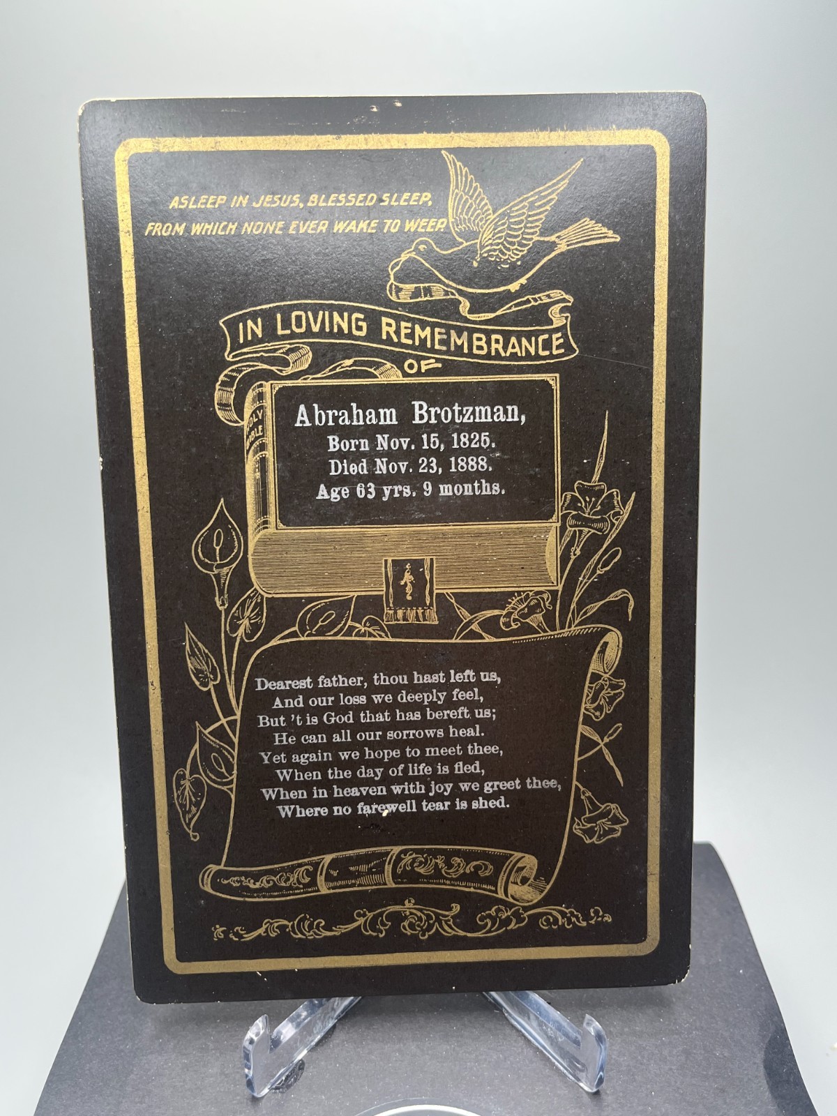 1888 Antique Funeral Memorial Cabinet Card Abraham Brotzman 63 yrs Gold Silver