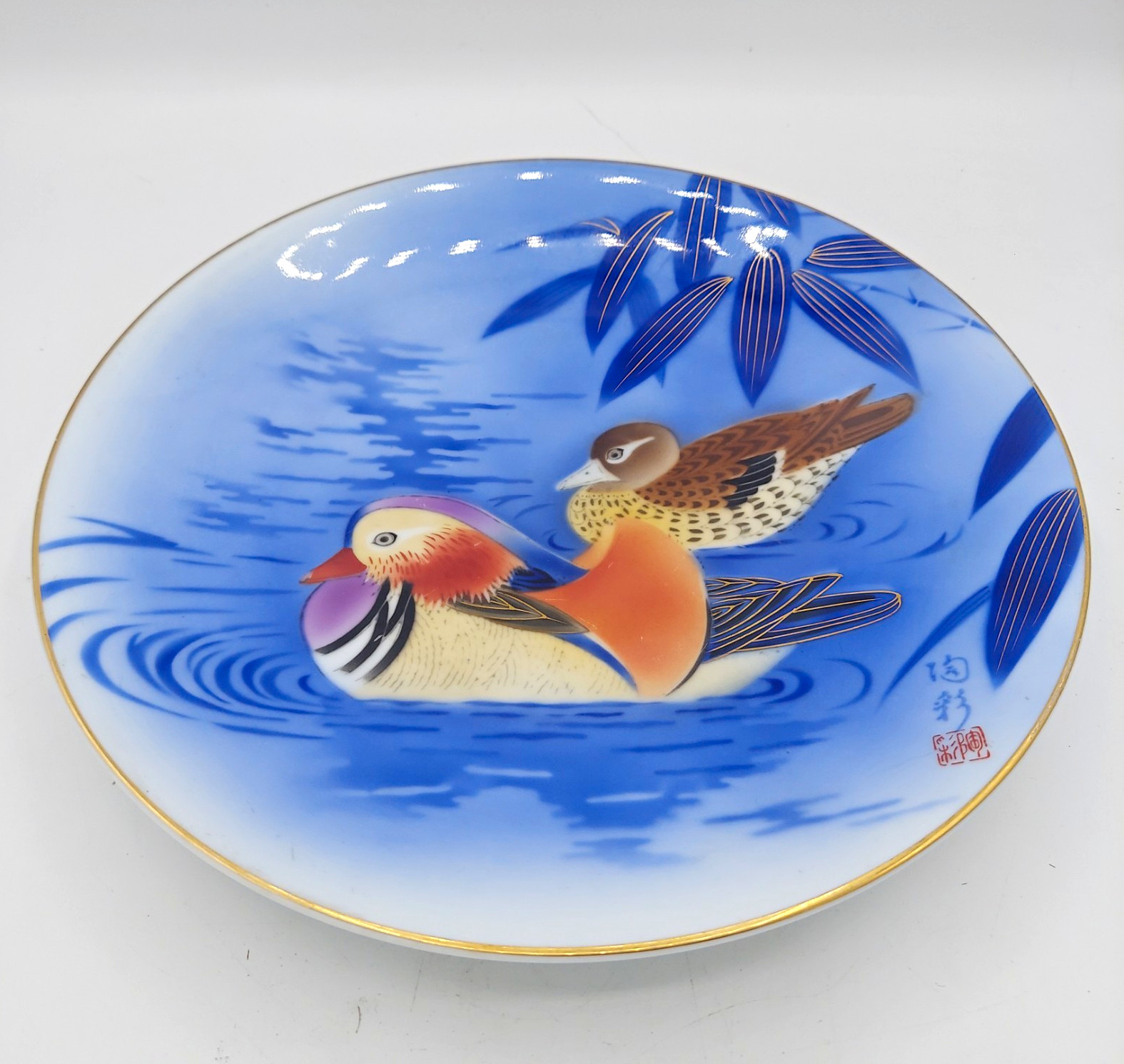 Vtg Fukagawa Seiji Porcelain 9.75" Plate Mandarin Ducks Mt Fuji Mark Tosai Japan