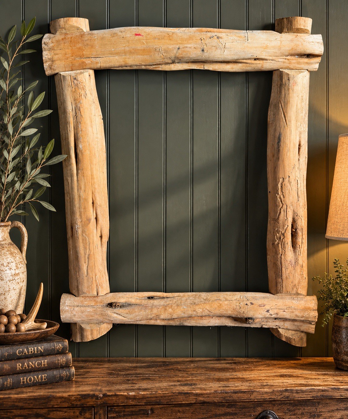 VTG Primitive Rustic Log Wood Picture Frame 24x29 Cabin Lodge Folk Art Handmade