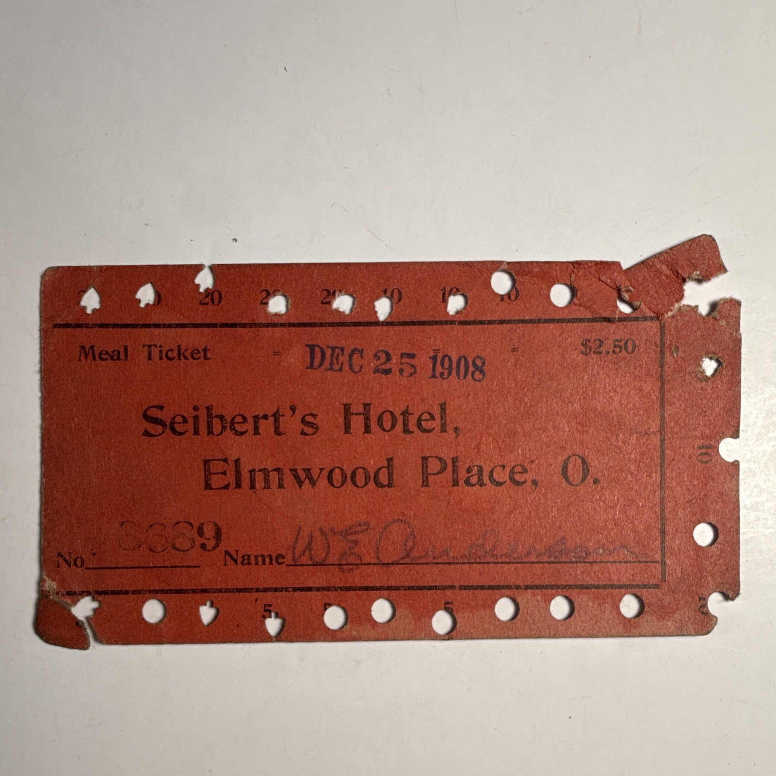 1908 Seibert’s Hotel Elmwood Place Ohio Christmas Day Meal Ticket Antique