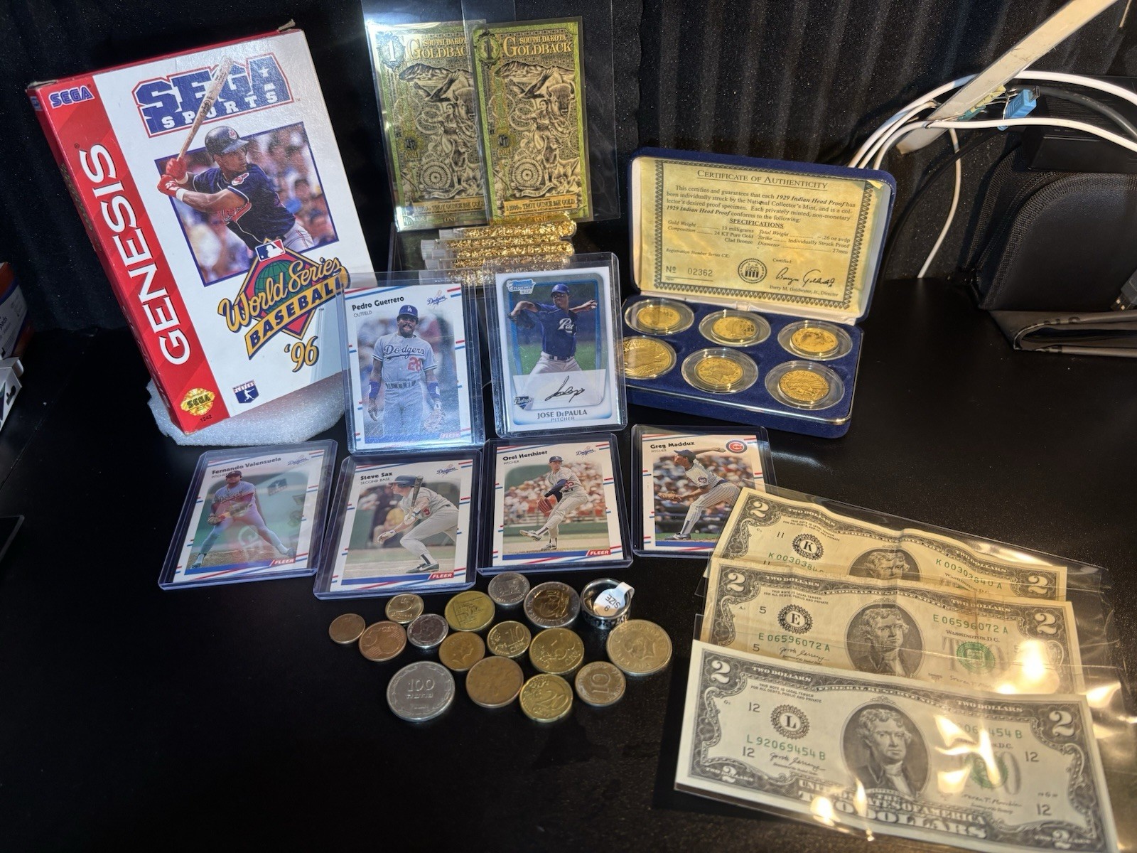 Junk Drawer Lot Vintage - Baseball Cards, Foreign Coins, Gold, Bills, & Games