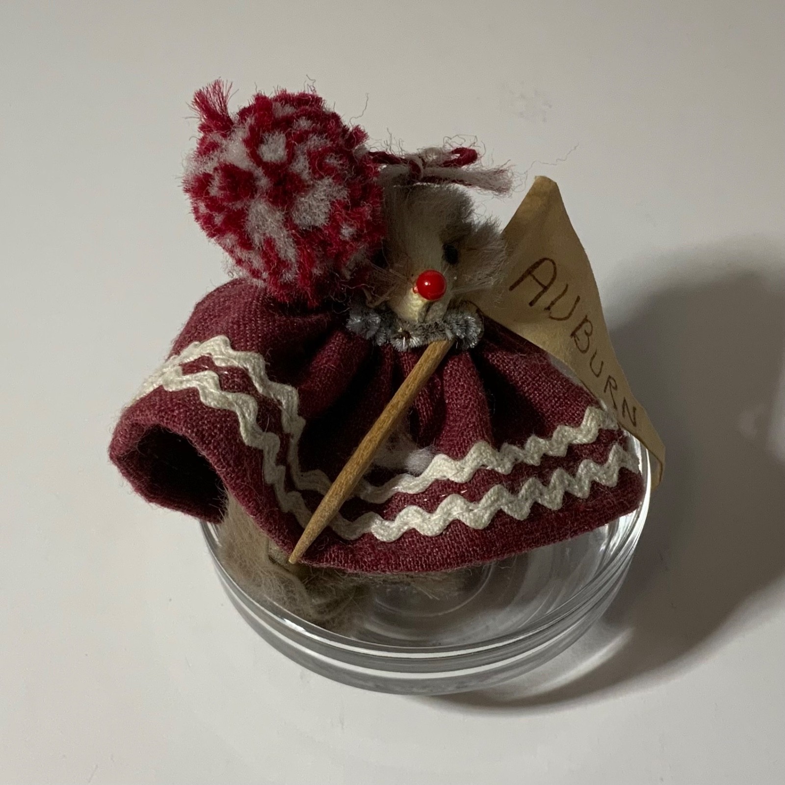 Vintage Real Fur Toys Germany Mouse Cheerleader Burgundy Dress Auburn Flag Tag Vintage Real Fur Toys Germany Mouse Cheerleader Burgundy Dress Auburn Flag Tag