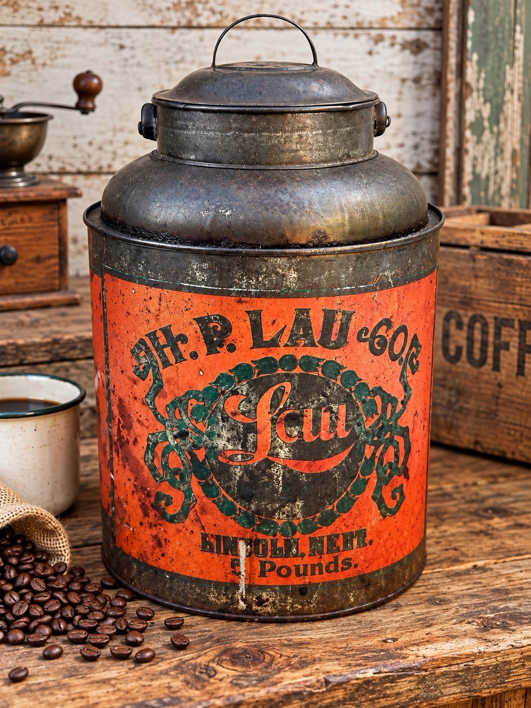 Rare Antique H.P. LAU CO. LINCOLN, NEBRASKA Coffee Tin Can 5 Lbs General Store Rare Antique H.P. LAU CO. LINCOLN, NEBRASKA Coffee Tin Can 5 Lbs General Store