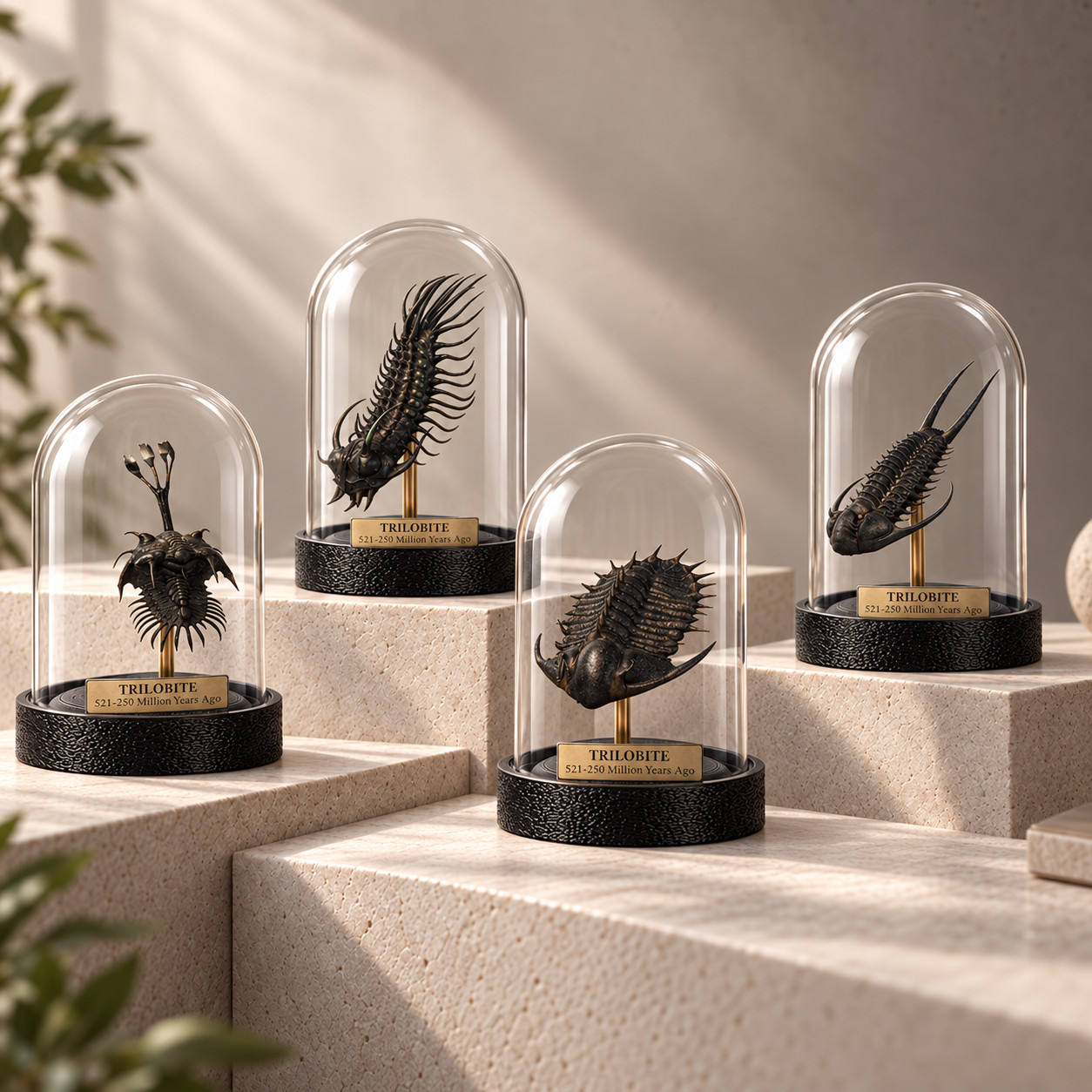 Trilobite - Fossils, Bell Jar Display Arthropods - Museum-Quality x4. Trilobite - Fossils, Bell Jar Display Arthropods - Museum-Quality x4.