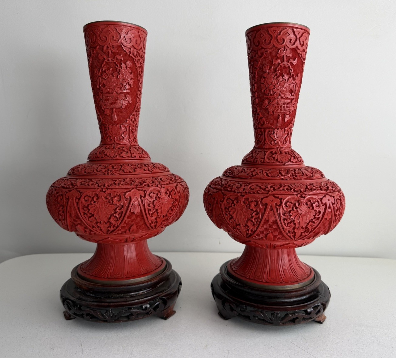 Vintage Pair of Hand Carved Floral Cinnabar Large Vases Blue Enamel Vintage Pair of Hand Carved Floral Cinnabar Large Vases Blue Enamel