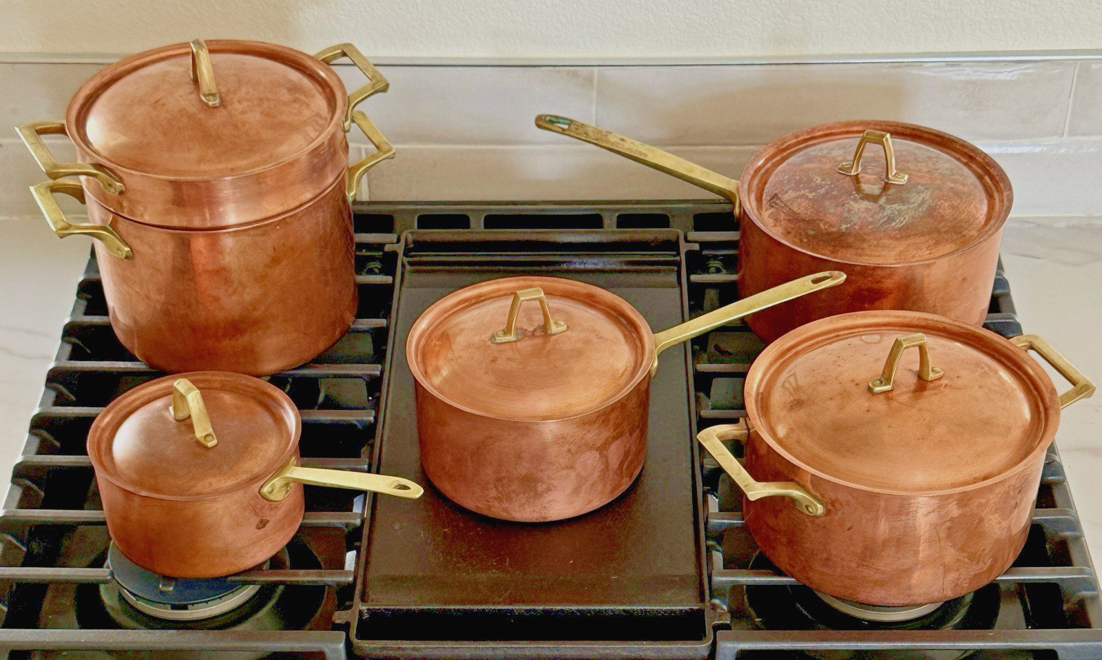 Copper Pans Paul Revere 11 Pc Cookware Set Brass Handles USA Vintage Signed Copper Pans Paul Revere 11 Pc Cookware Set Brass Handles USA Vintage Signed