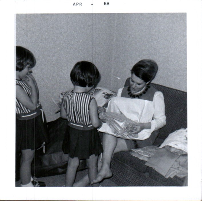 Vintage 1968 Black & White Photo Woman and Two Girls Opening Gift Vintage 1968 Black & White Photo Woman and Two Girls Opening Gift