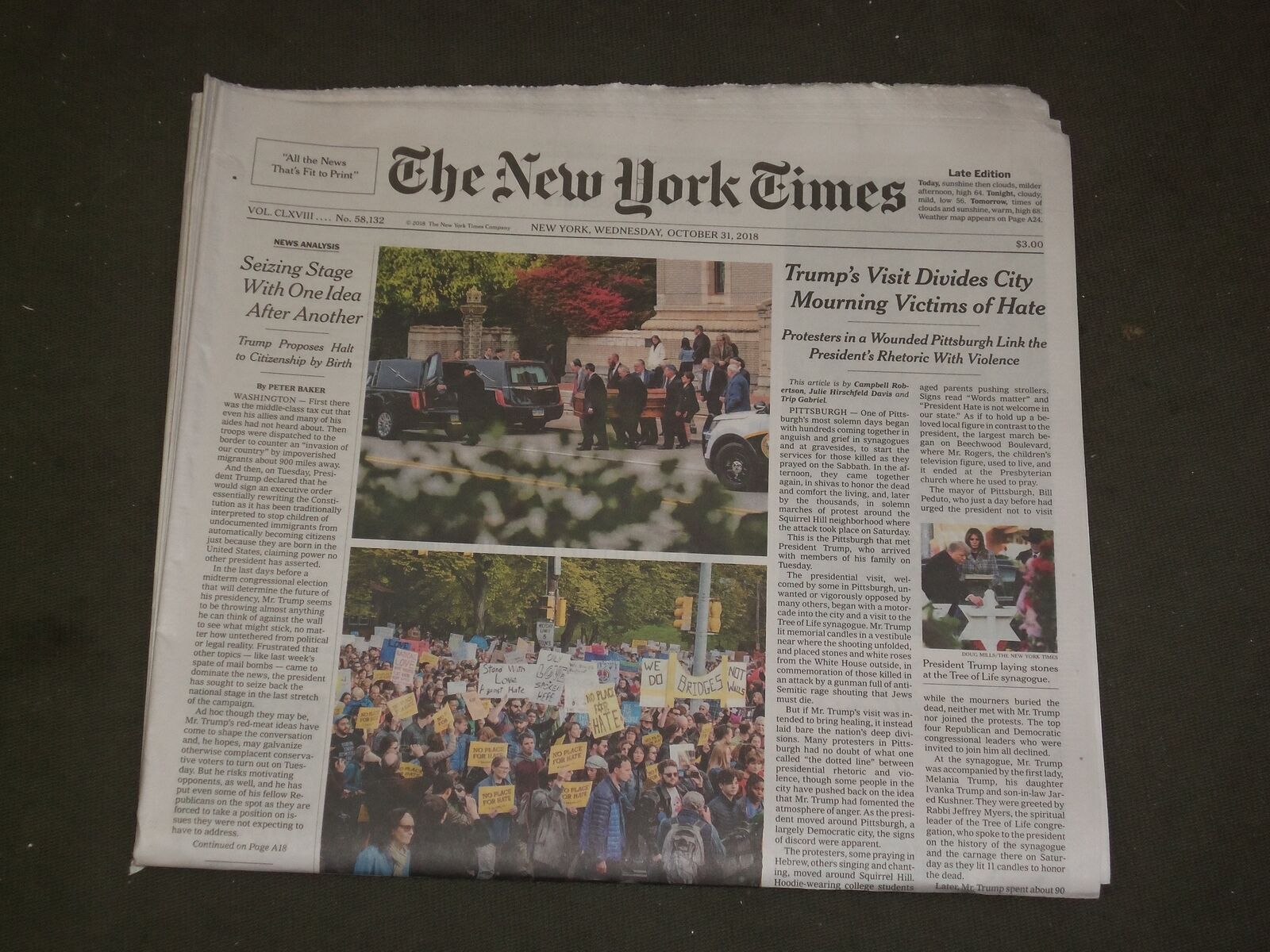 2018 OCTOBER 31 NEW YORK TIMES - TRUMP'S PITTSBURGH VISIT DIVIDES MOURNING CITY