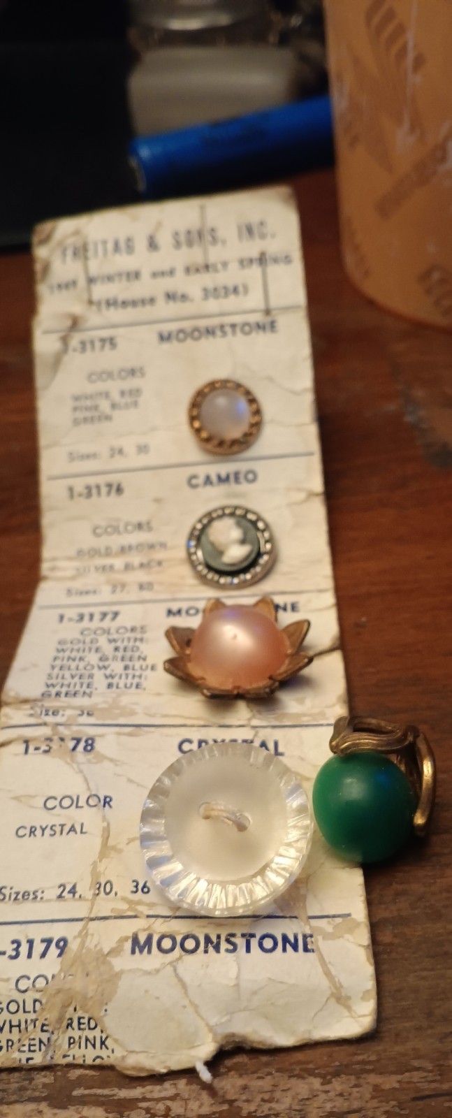 Vintage 1949 Buttons Lot. 3 Moonstone Cameo Crystal New OLD STOCK
