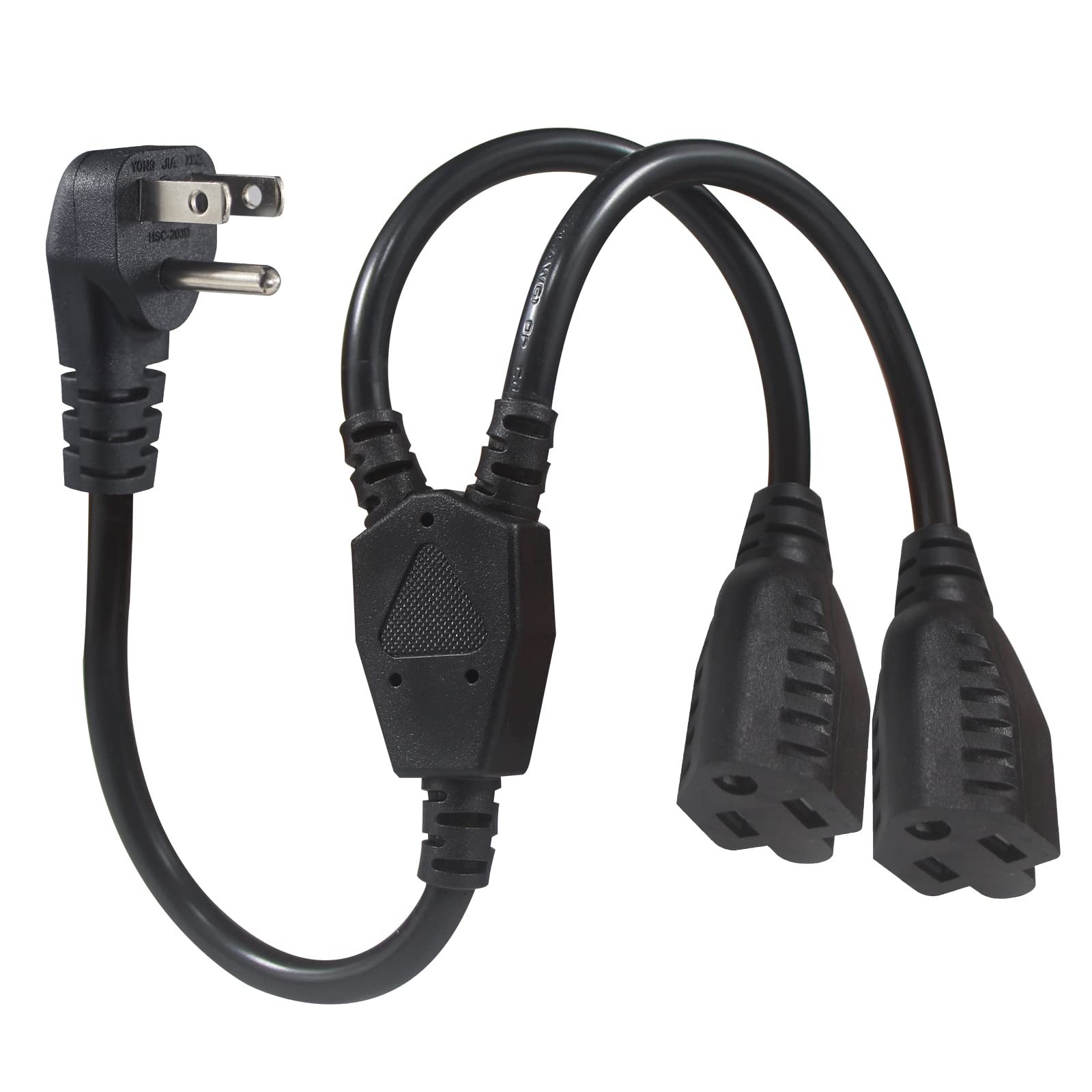 Power Cord Extension Y Splitter - 1 to 2 Way Outlet Adapter NEMA 5-15P 90-Degree