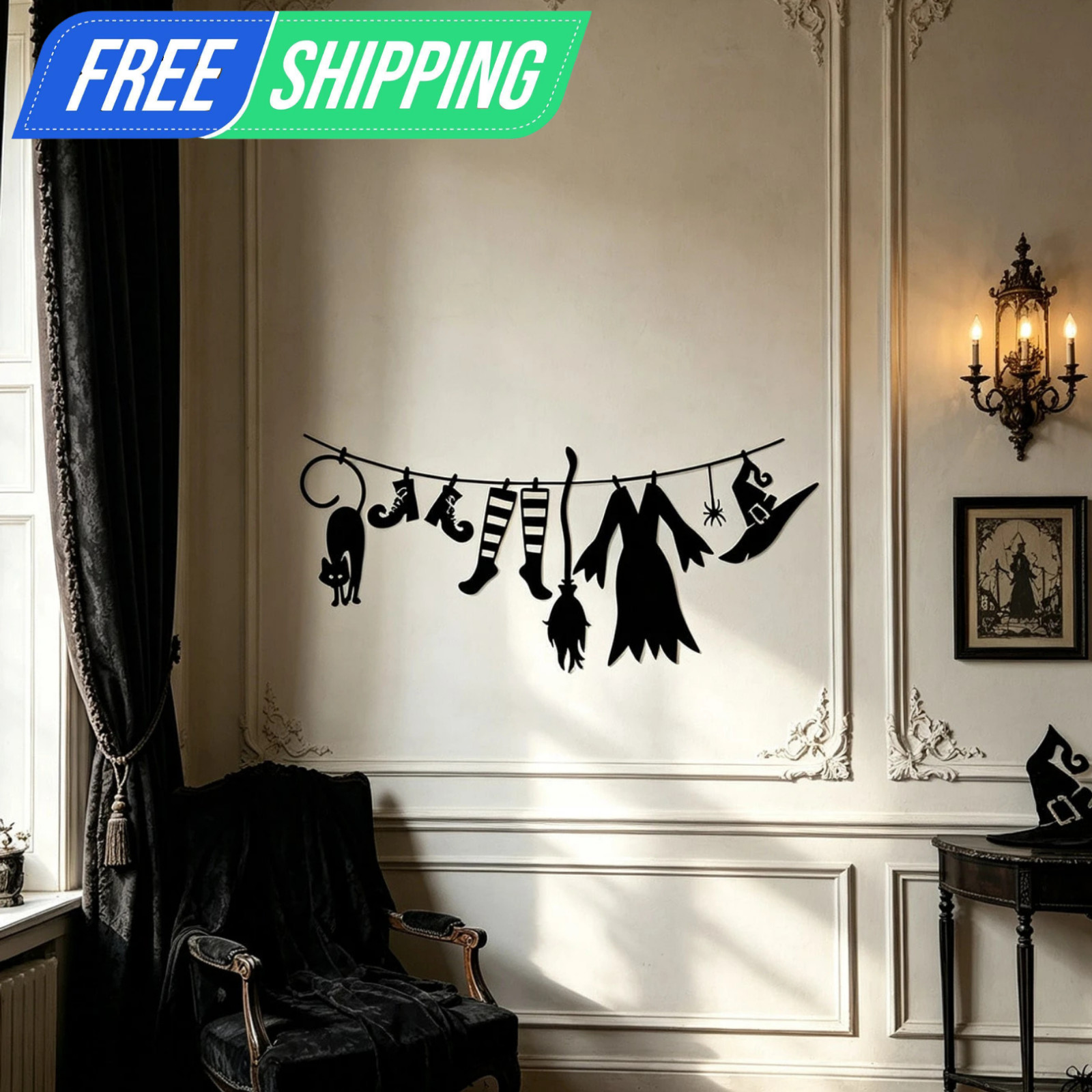 Halloween Witch Hat Cloak Metal Wall Decor Spooky Haunted House Silhouette 1Pc Halloween Witch Hat Cloak Metal Wall Decor Spooky Haunted House Silhouette 1Pc