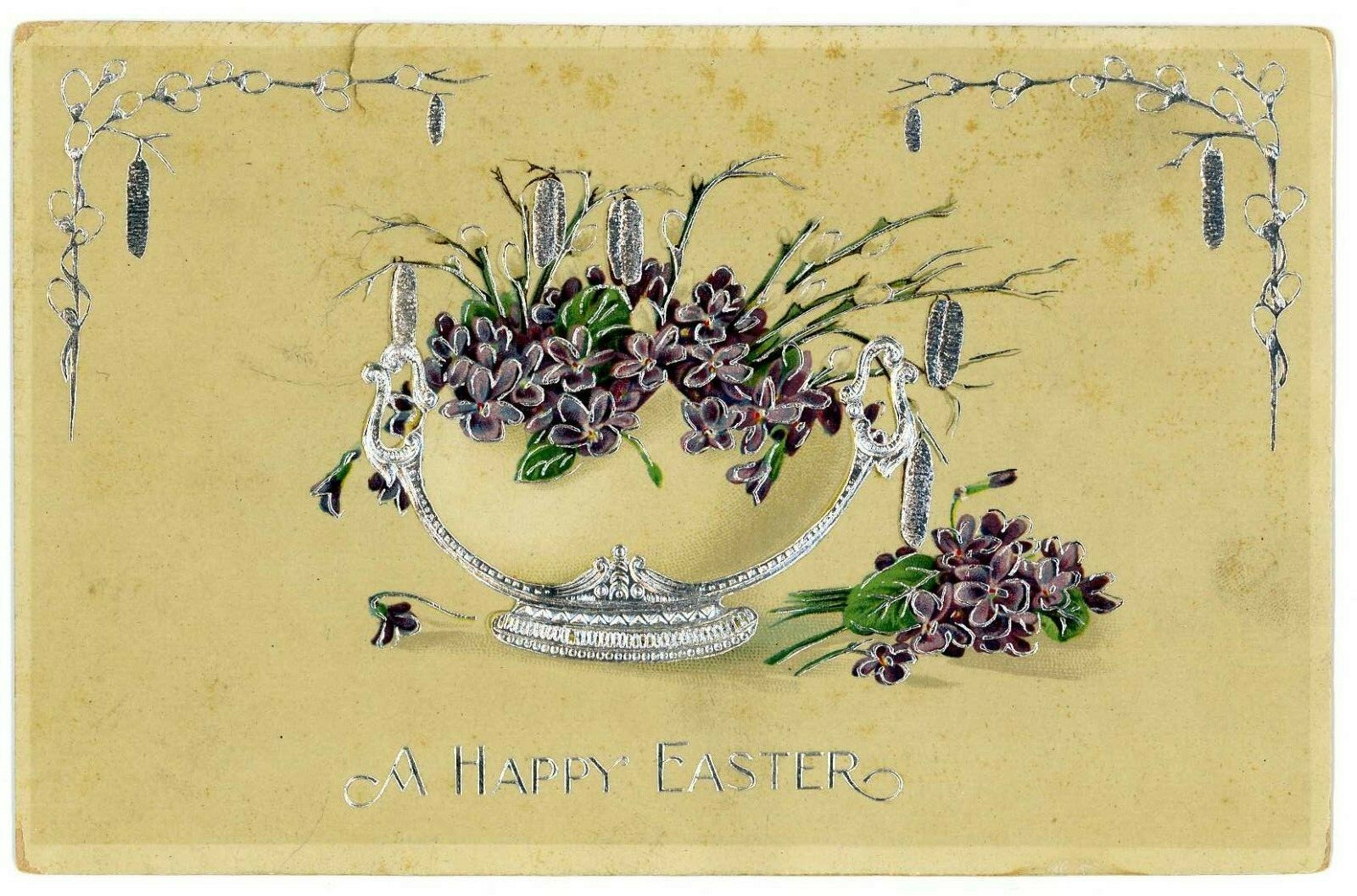 Vintage Postcard A Happy Easter Violets Silver Embossing  H&S B 1916