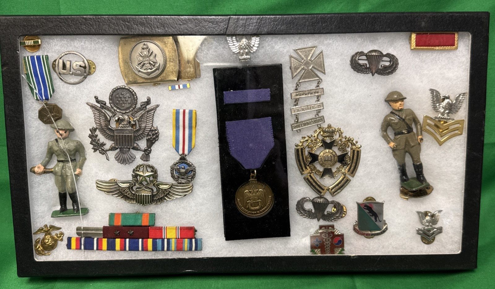 Estate Vintage US Military Memorabilia Shadow Box Display Lot - Pins Medals