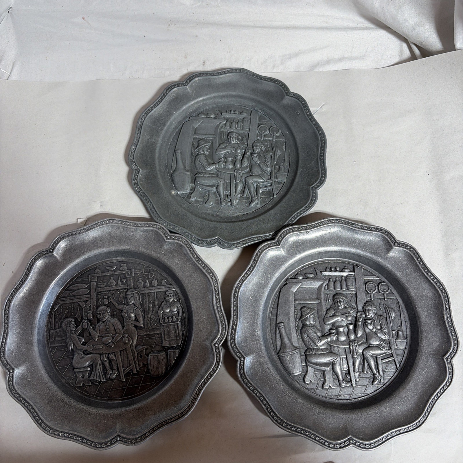 3 Antique Handmade Pewter Plates 