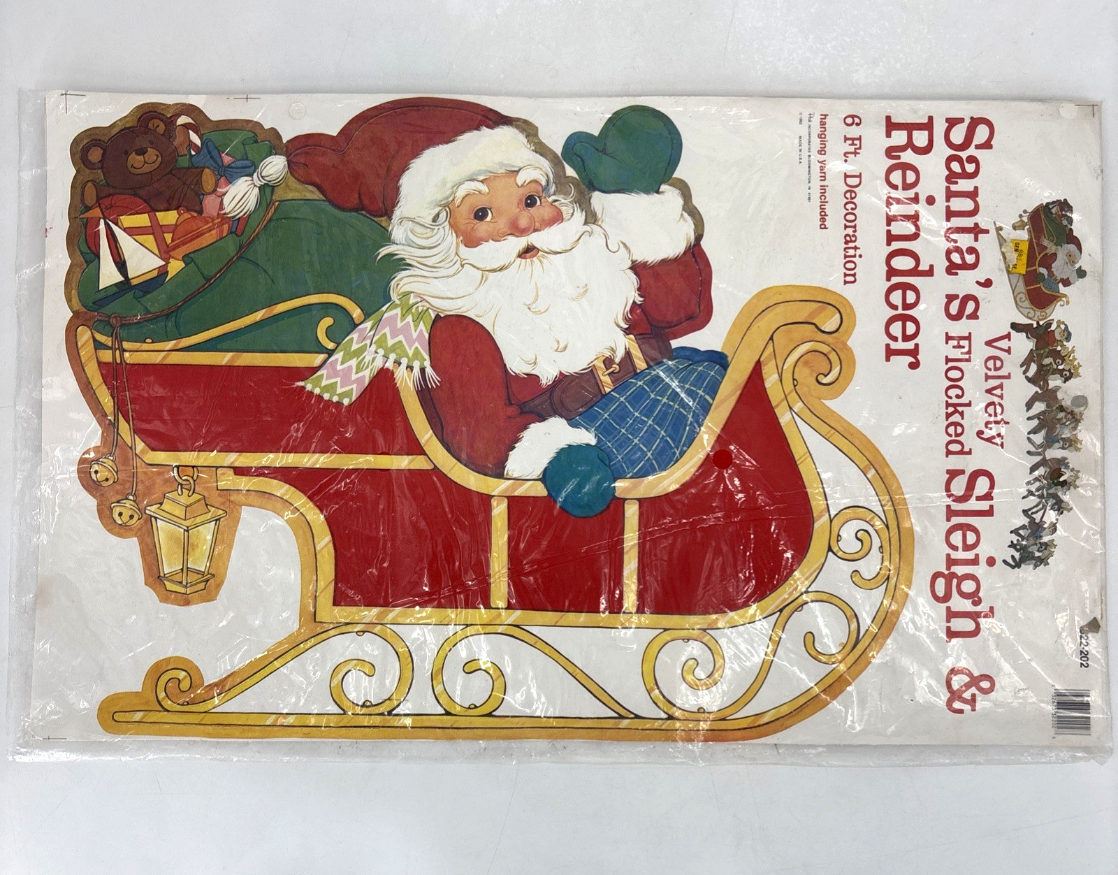Vintage 1980s PECK Santa's Sleigh & Reindeer 6 Foot Velvety Flocked Die Cut NEW Vintage 1980s PECK Santa's Sleigh & Reindeer 6 Foot Velvety Flocked Die Cut NEW
