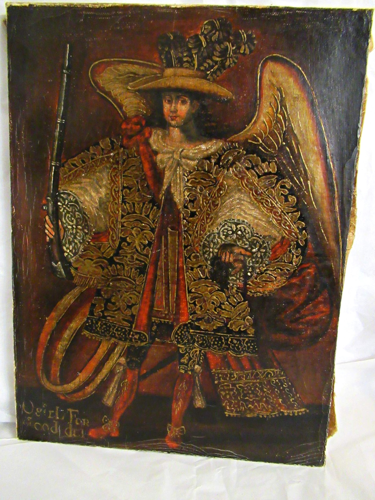 VTG CUZCO PERU RELIGIOUS OIL on CANVAS PAINTING ANGEL ARCABUCERO 15.5" x 11.5" VTG CUZCO PERU RELIGIOUS OIL on CANVAS PAINTING ANGEL ARCABUCERO 15.5" x 11.5"