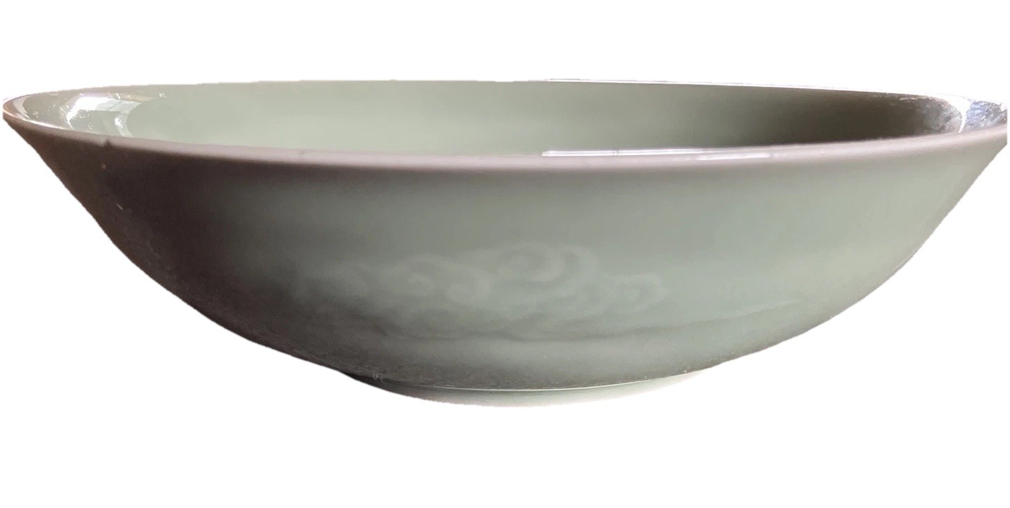 VTG Chinese Porcelain 9" Celadon Green Footed Serving Bowl Crane Clouds