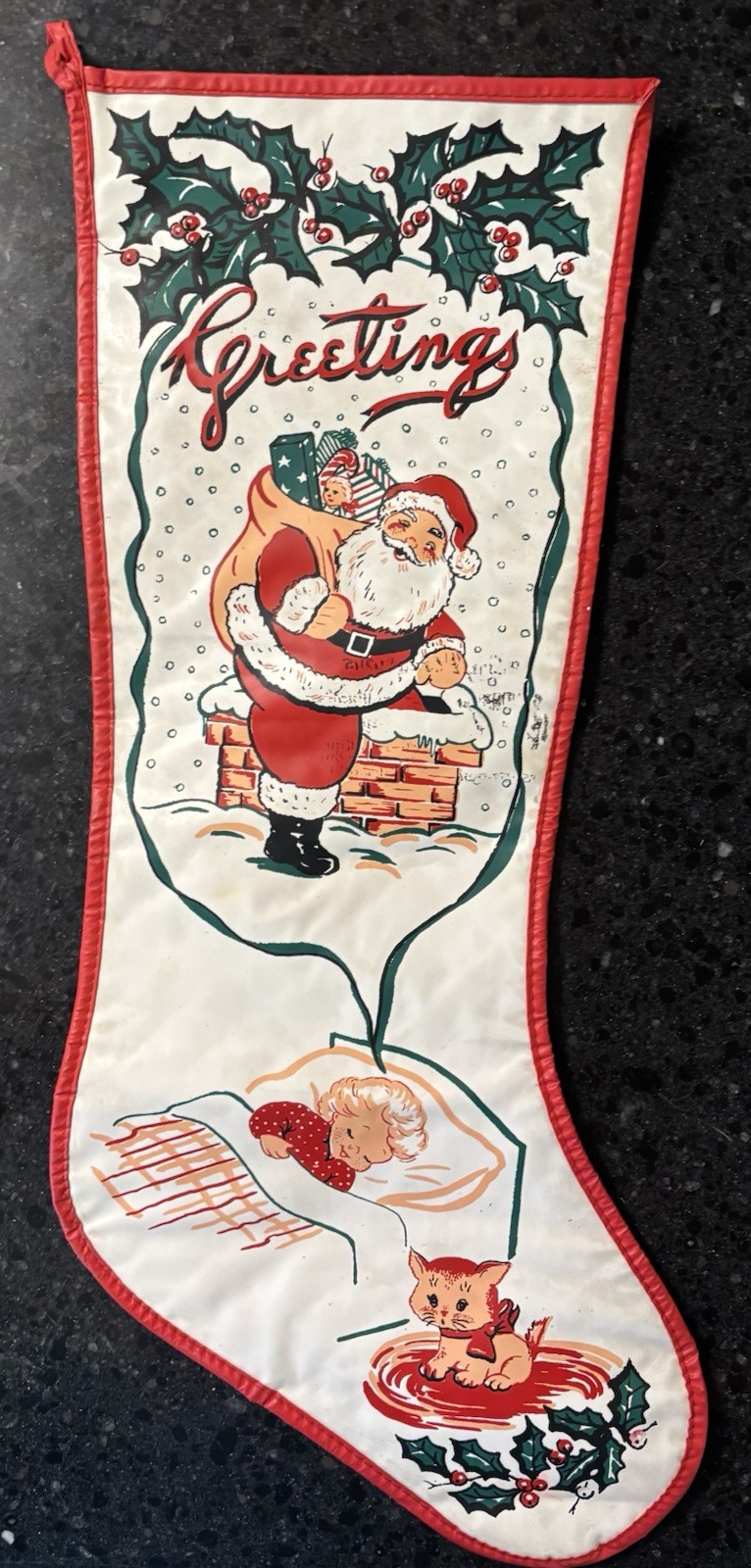 19" Vtg 1950s Christmas Stocking Puffy Plastic, Quilted Plastic Santa, Cat RARE 19" Vtg 1950s Christmas Stocking Puffy Plastic, Quilted Plastic Santa, Cat RARE