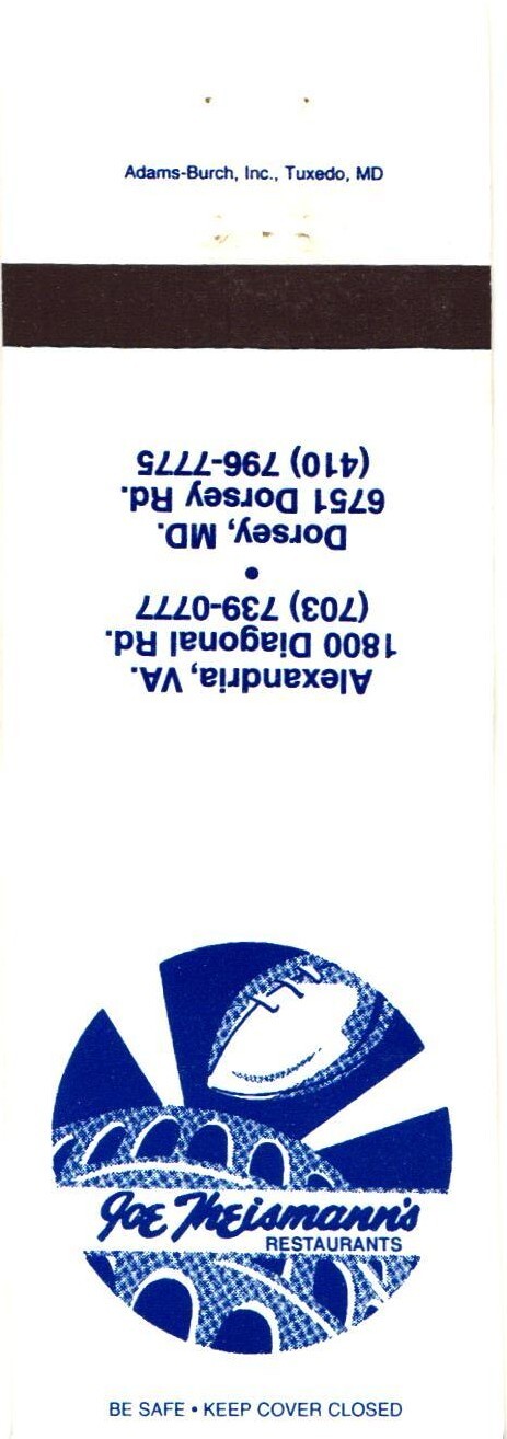 Joe Weismann's Restaurants Alexandria VA Dorsey MD Vintage Matchbook 1980s Joe Weismann's Restaurants Alexandria VA Dorsey MD Vintage Matchbook 1980s