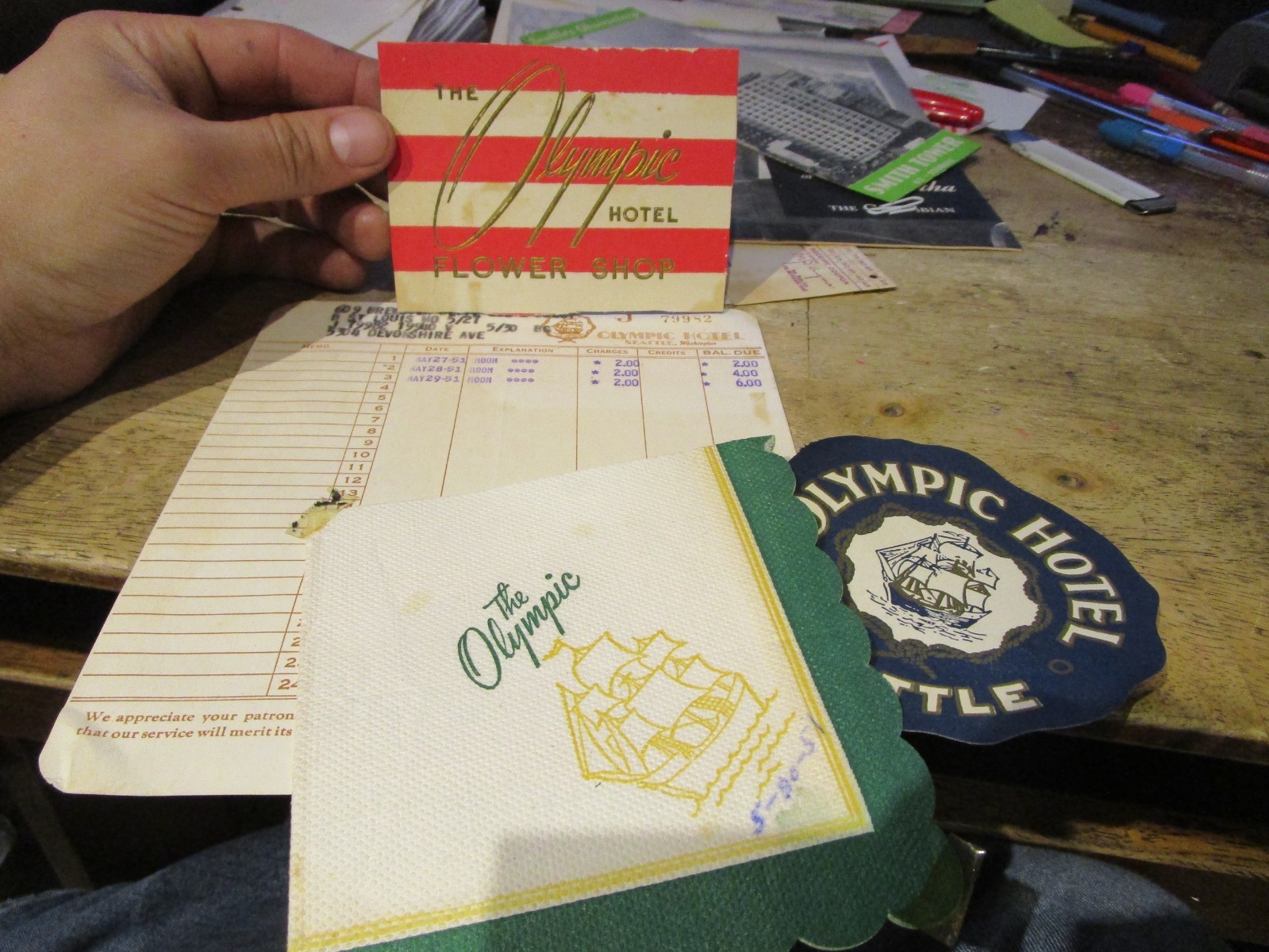 1951 Seattle Washington Olympic Hotel Flower Shop Napkin Coaster Room Receipt 1951 Seattle Washington Olympic Hotel Flower Shop Napkin Coaster Room Receipt