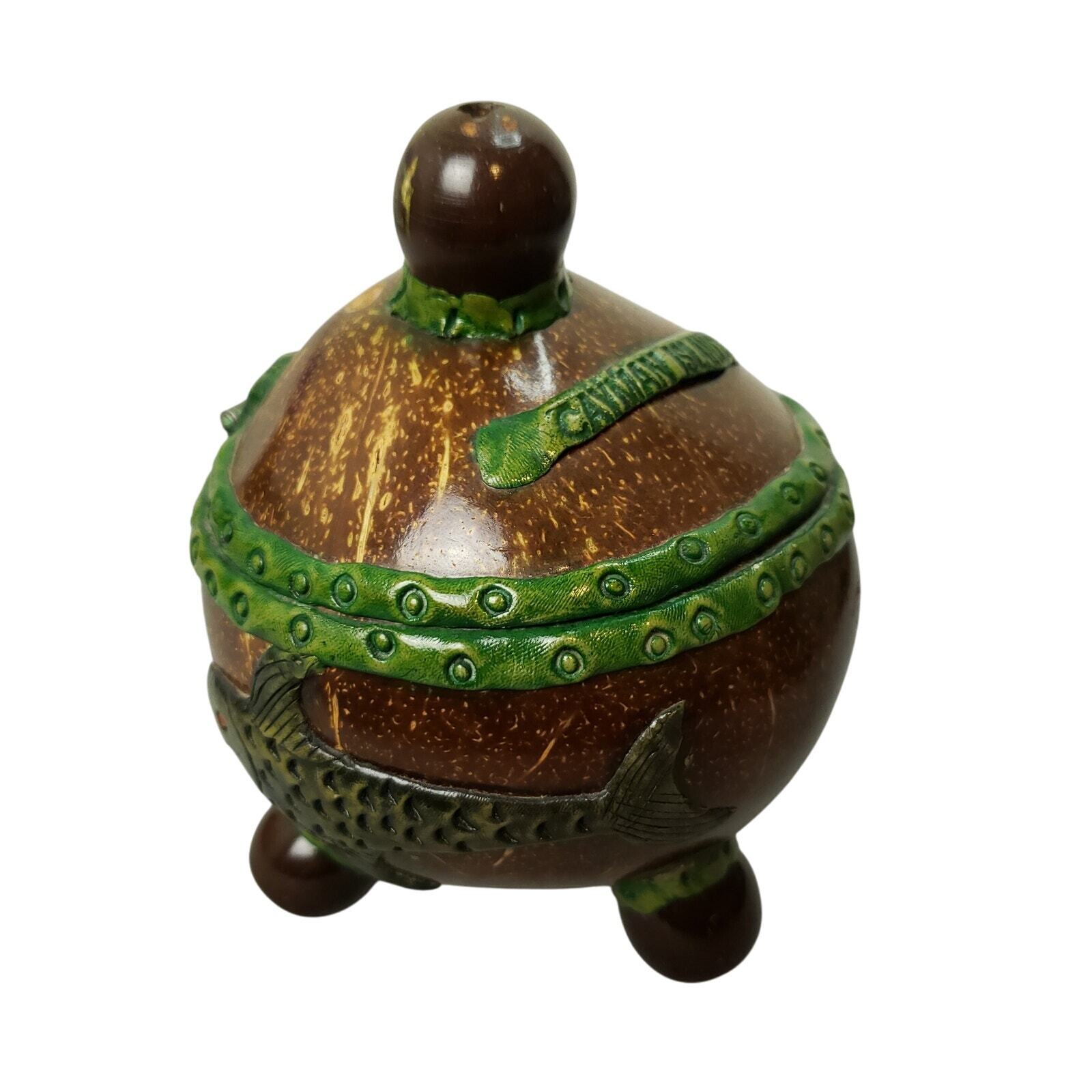 Vintage Handcrafted Cayman Islands Coconut Trinket Jewelry Box Fish Turtle Vintage Handcrafted Cayman Islands Coconut Trinket Jewelry Box Fish Turtle